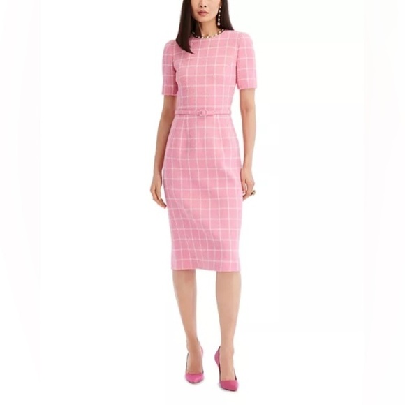 OSCAR DE LA RENTA Fall 2023 Pink & White Windowpane Tweed Boucle Dress Sz 12 NWT - Picture 2 of 15